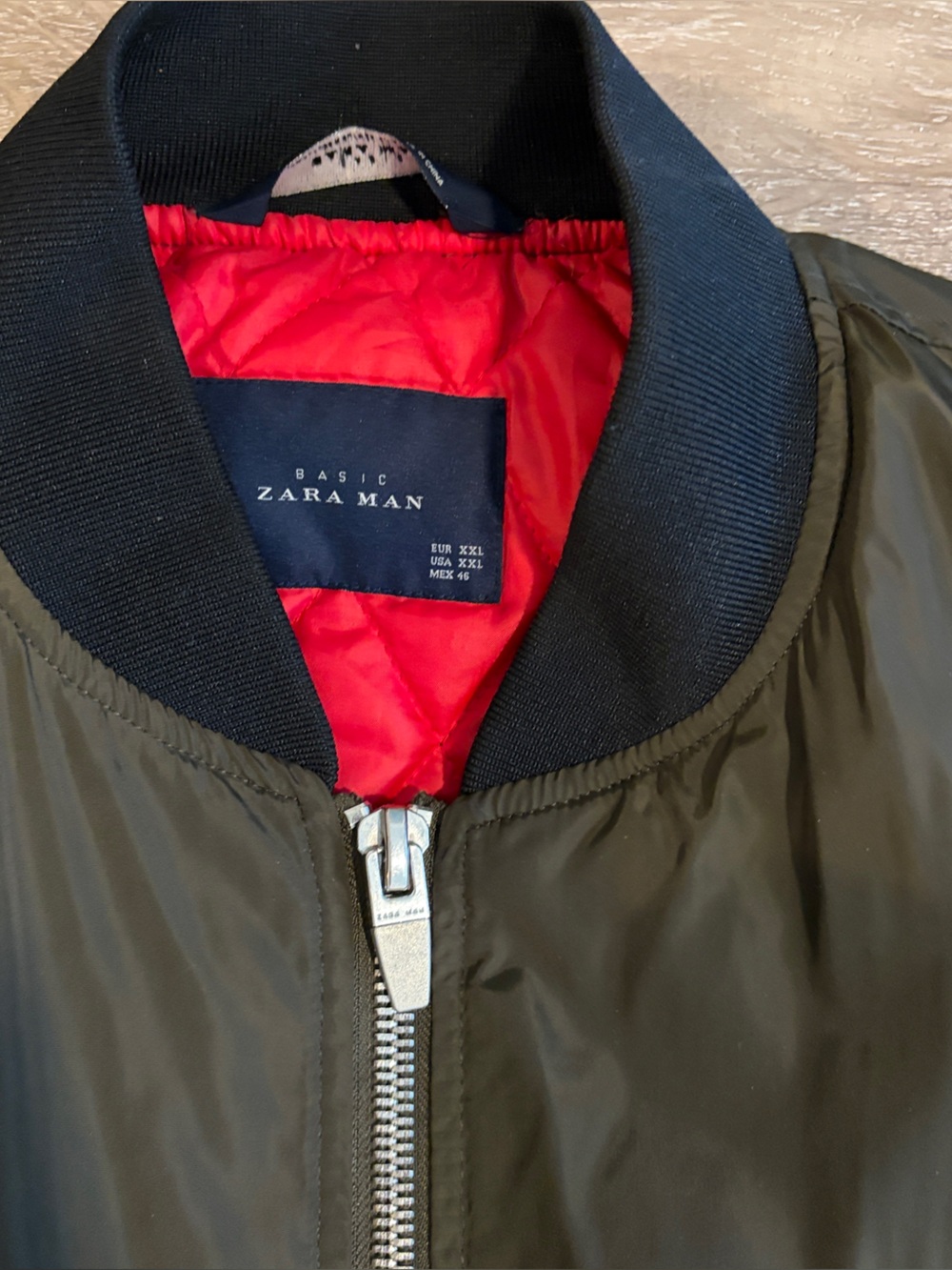 Zara Olive Green Bomber Jacket with Red Lining